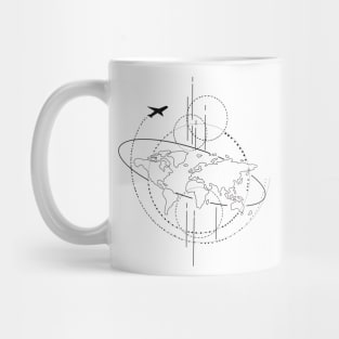 Flat earth line art minimalist illustration with plane Mug